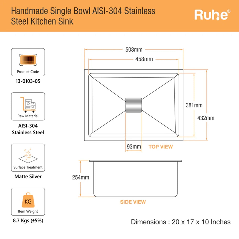 Handmade 304-Grade Single Bowl Kitchen Sink (20 x 17 x 10 Inches) – Matt Steel