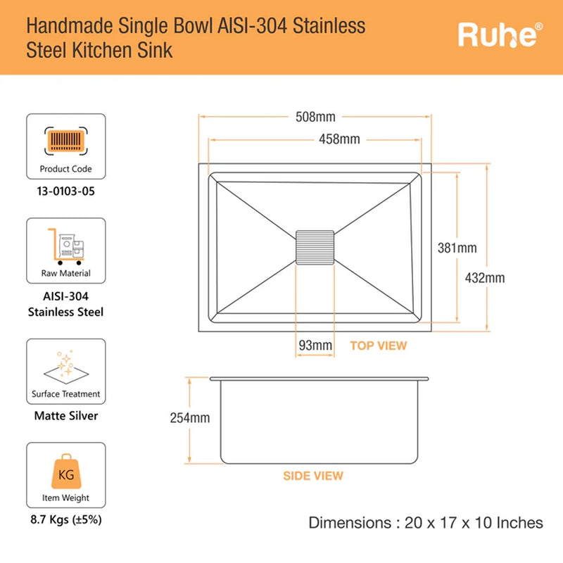 Handmade Single Bowl Kitchen Sink (20 x 17 x 10 Inches)