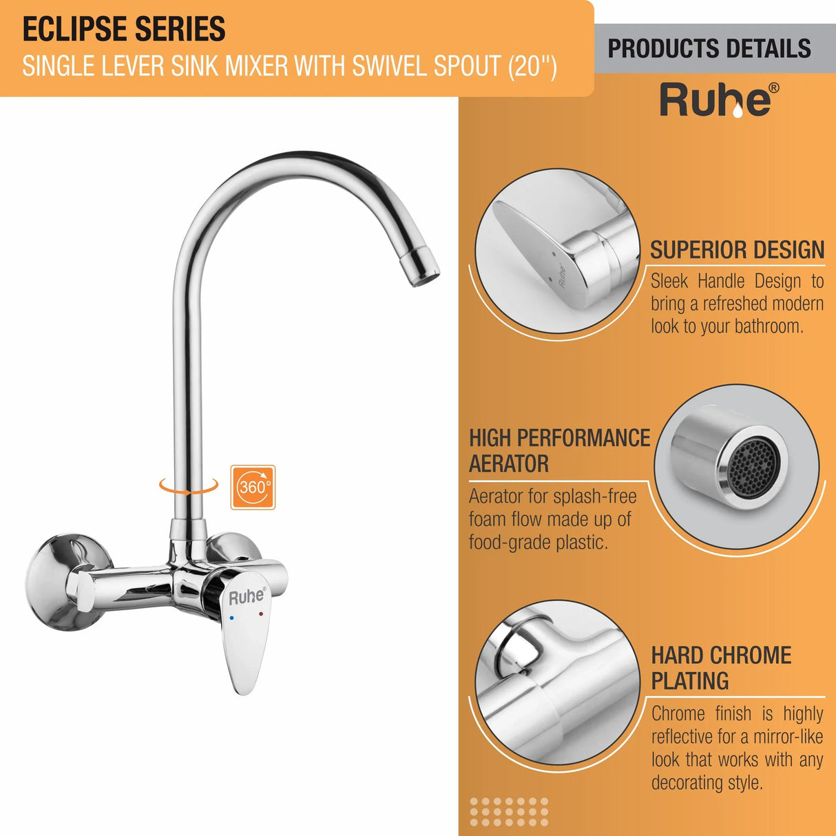 Eclipse Single Lever Wall-mount Kitchen Sink Mixer Tap with Swivel Spout