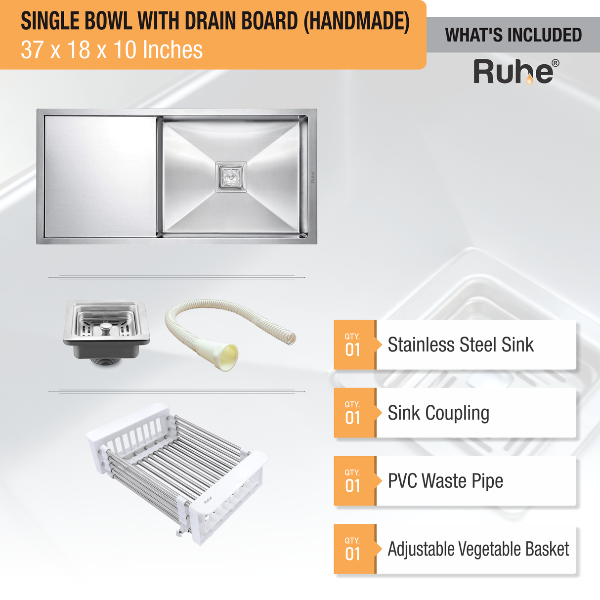 Handmade Single Bowl with Drainboard (37 x 18 x 10 Inches) Kitchen Sink - by Ruhe