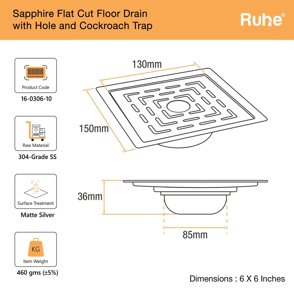 Sapphire Square Flat Cut Floor Drain