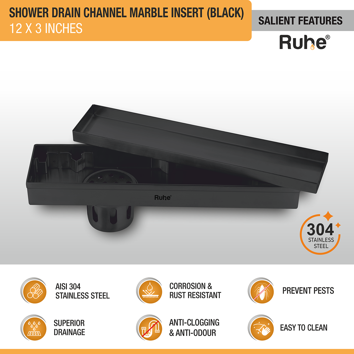 Marble Insert Shower Drain Channel (12 x 3 Inches) Black PVD Coated - by Ruhe