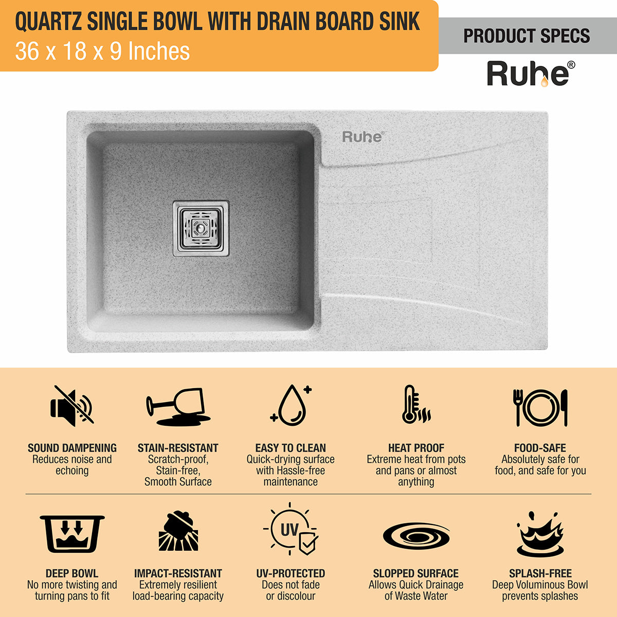 Quartz Single Bowl Sand Pluto Kitchen Sink with Drainboard(36 x 18 x 9 inches) features and benefits