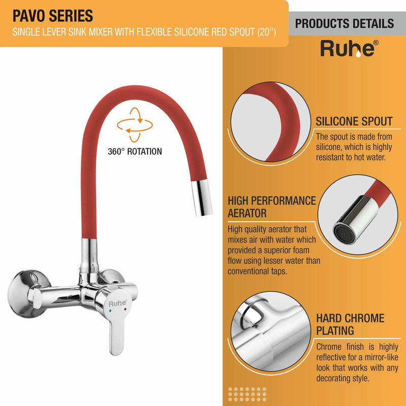 Pavo Single Lever Wall-mount Kitchen Sink Mixer Tap with Coloured Silicone Spout