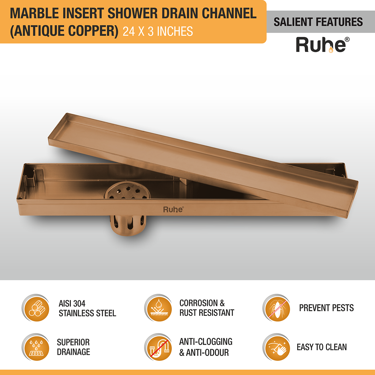 Marble Insert Shower Drain Channel (24 x 3 Inches) ROSE GOLD PVD Coated - by Ruhe®