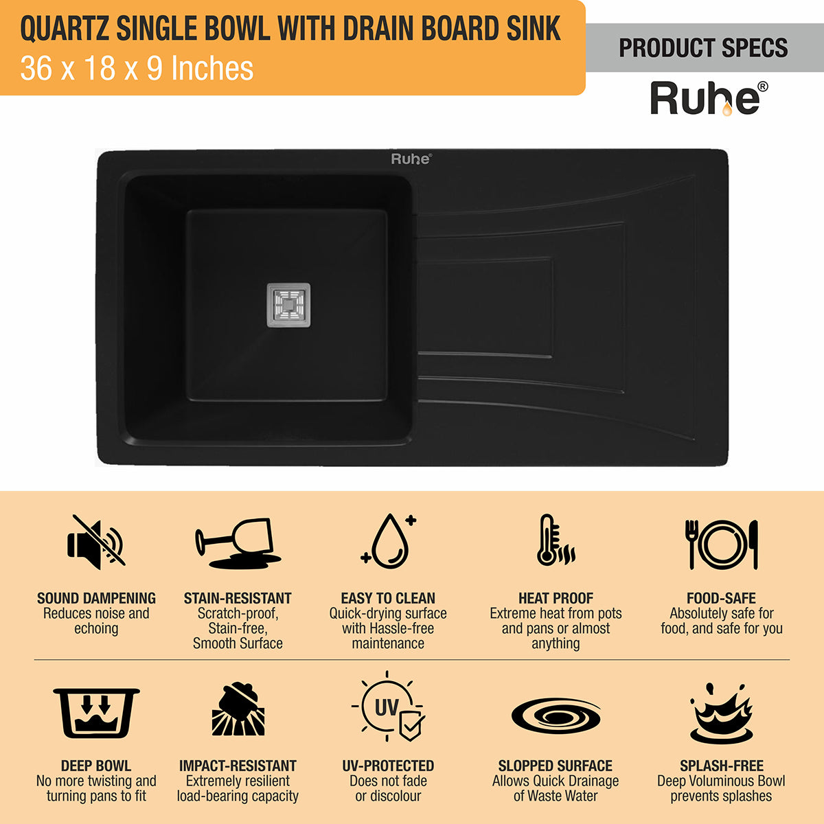 Quartz Single Bowl Black Kitchen Sink with Drainboard (36 x 18 x 9 inches) features and benefits