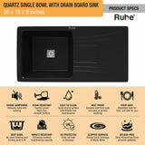Quartz Single Bowl Black Kitchen Sink with Drainboard (36 x 18 x 9 inches) features and benefits