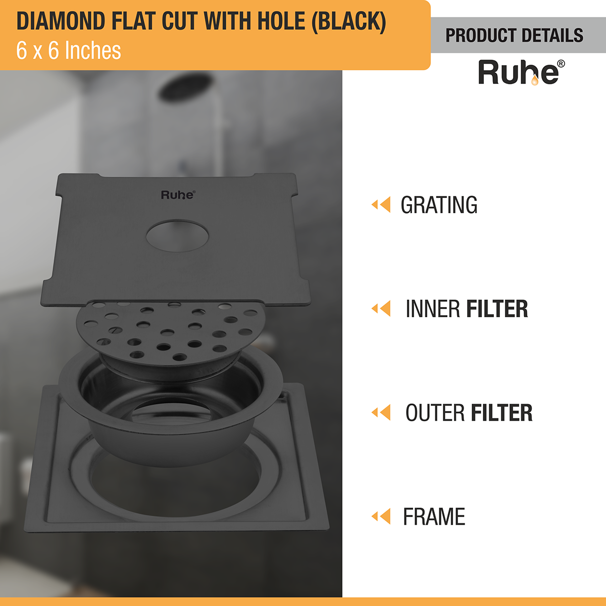 Diamond Square Flat Cut Floor Drain in Black PVD Coating (6 x 6 Inches) with Hole - by Ruhe