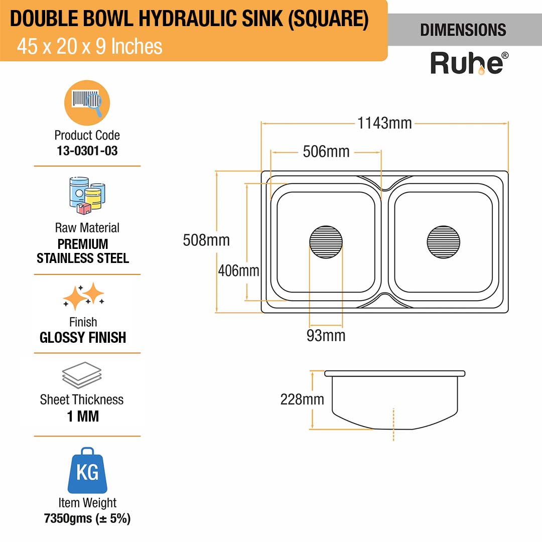 Square Double Bowl (45 x 20 x 9 inches) Kitchen Sink - by Ruhe