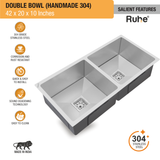 Handmade Double Bowl 304-Grade (42 x 20 x 10 Inches) Kitchen Sink - by Ruhe®