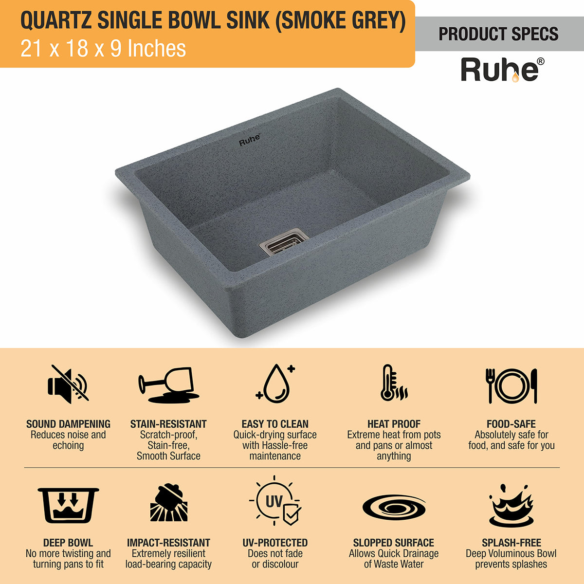 Quartz Smoke Grey Single Bowl Kitchen Sink (21 x 18 x 9 inches) features and benefits