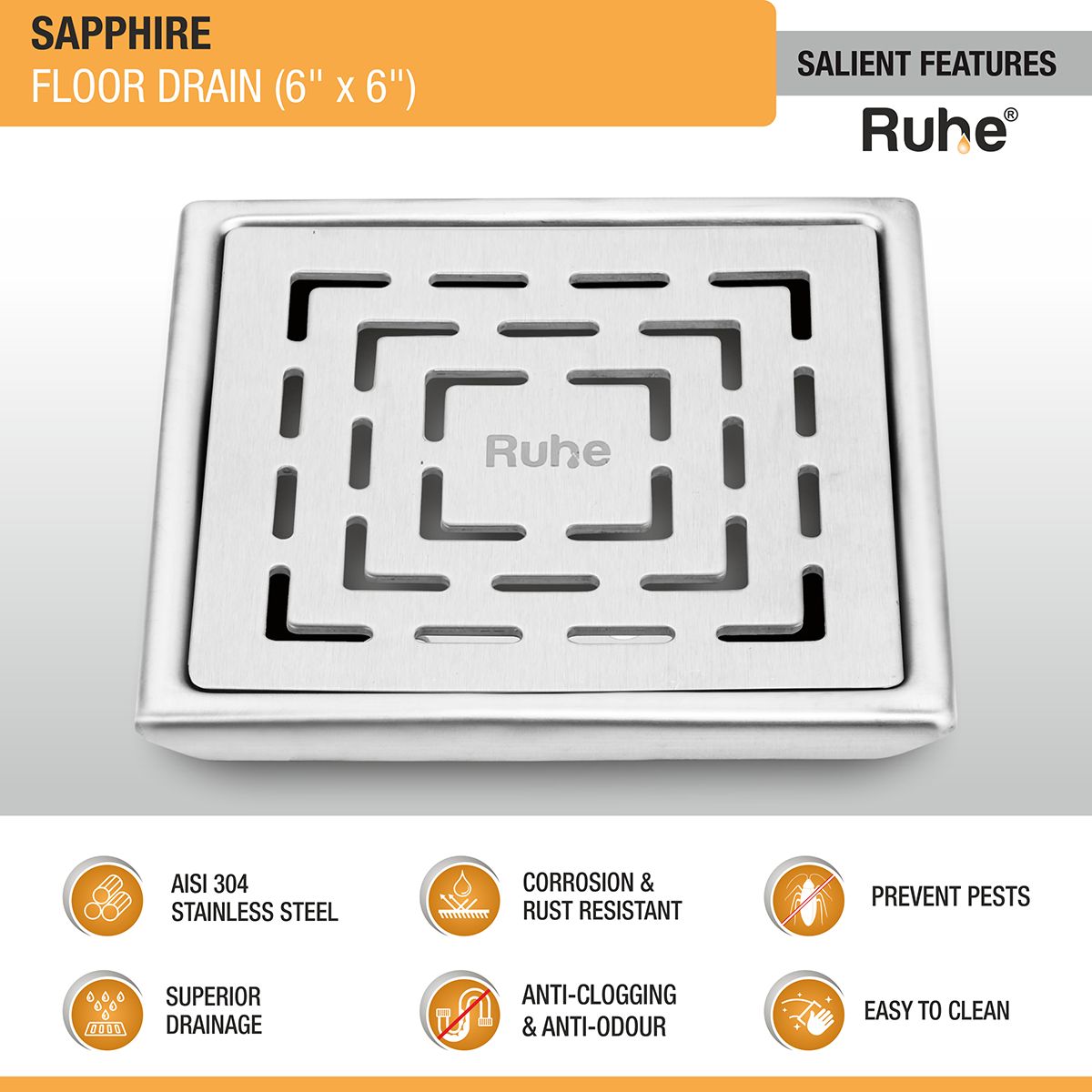 Sapphire Square 304-Grade Floor Drain (6 x 6 Inches) - by Ruhe