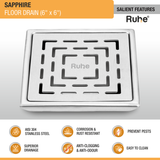 Sapphire Square 304-Grade Floor Drain (6 x 6 Inches) - by Ruhe®