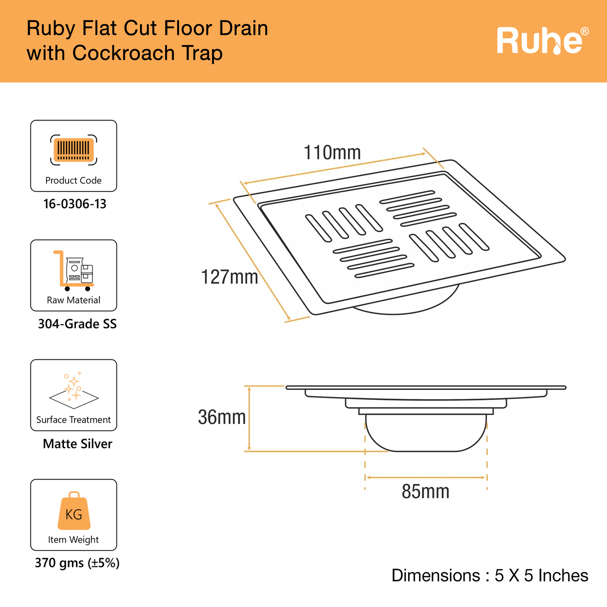 Ruby Square Flat Cut Floor Drain