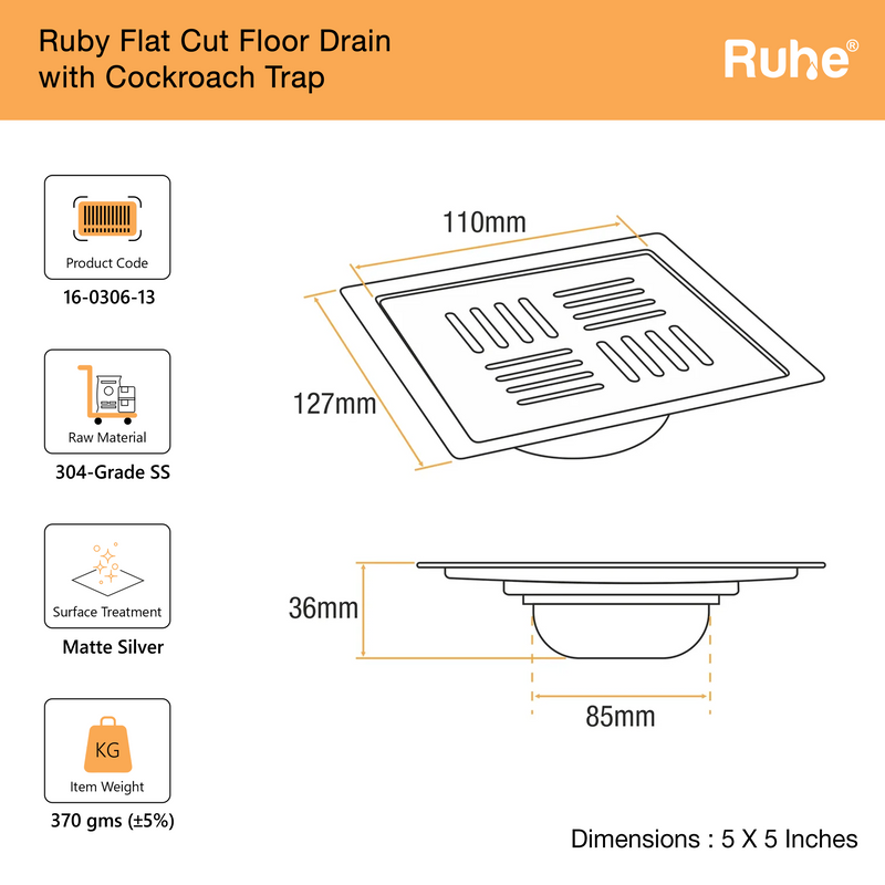 Ruby Square Flat Cut Floor Drain