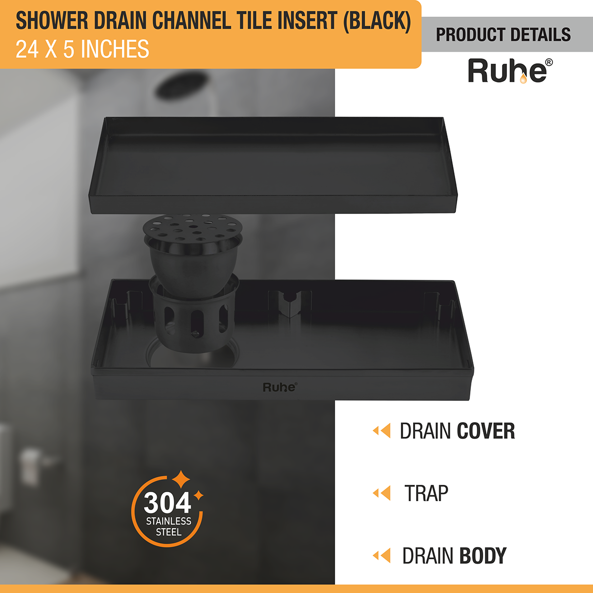 Tile Insert Shower Drain Channel (24 x 5 Inches) Black PVD Coated - by Ruhe®