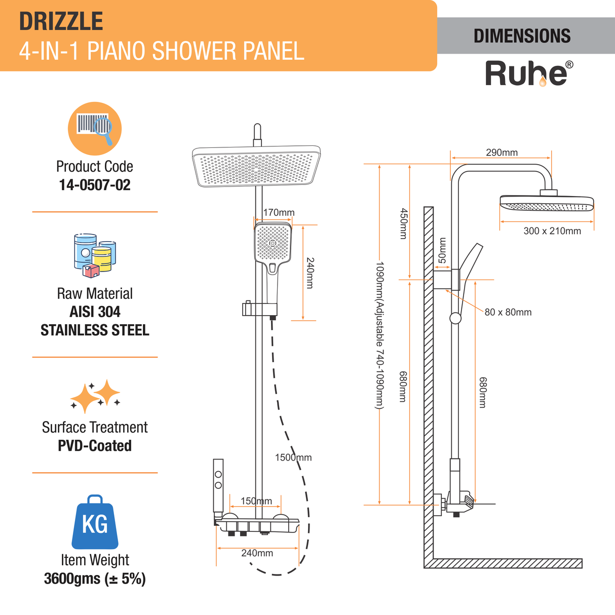 Drizzle 4-in-1 Piano Shower Panel Complete Set including Overhead Shower, Multi-flow Hand Shower & Health Faucet - by Ruhe