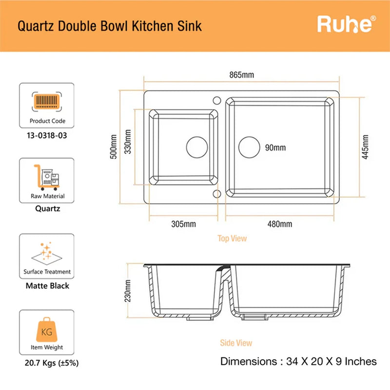 Quartz Double Bowl Kitchen Sink (34 x 20 x 9 inches)
