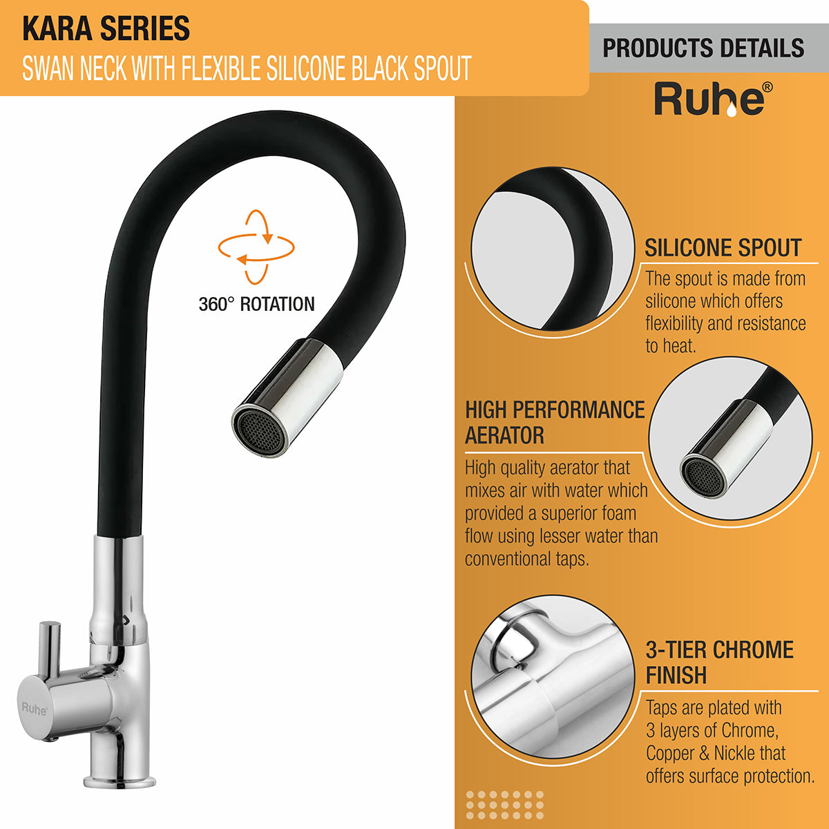 Kara Swan Neck Brass Faucet with Silicone Black Flexible Spout product details with silicone spout, high quality aerator, and 3 layer chrome plated