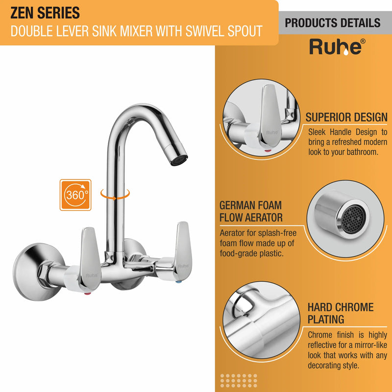 Zen Wall Mount Kitchen Sink Mixer Tap with Small Swivel Spout
