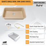 Sand Choco Quartz Single Bowl Kitchen Sink  (31 x 19 x 9 inches) - by Ruhe