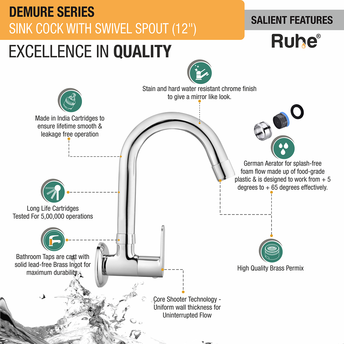 Demure Brass Kitchen Sink Tap with Small (12 inches) Round Swivel Spout - by Ruhe®