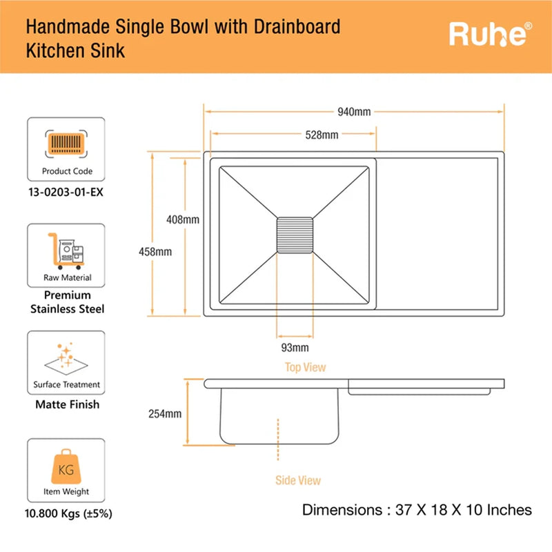 Handmade Single Bowl with Drainboard Kitchen Sink (37 x 18 x 10 Inches)