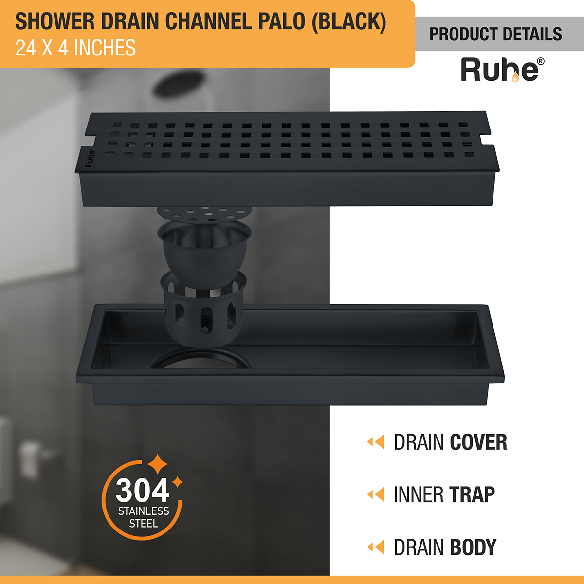 Palo Shower Drain Channel (24 x 4 Inches) Black PVD Coated with drain cover, inner insect trap, drain body