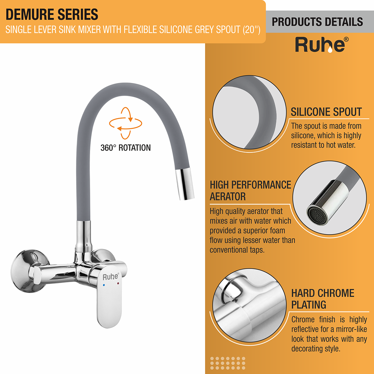 Demure Single Lever Wall-mount Sink Mixer Brass Faucet with Grey Silicone Spout - by Ruhe®