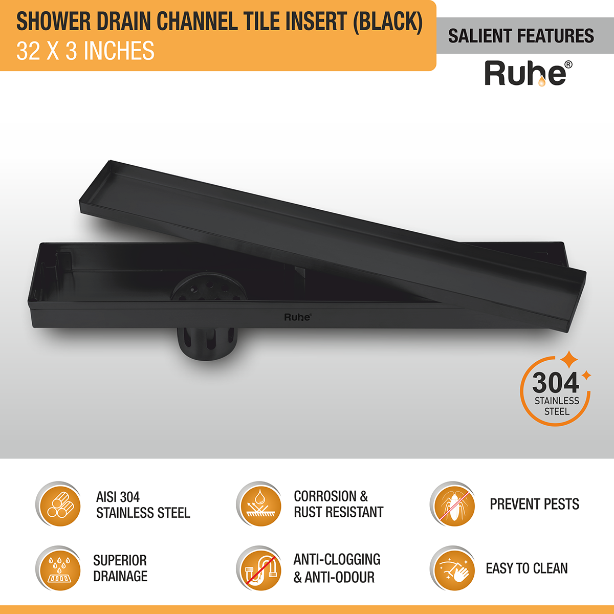 Tile Insert Shower Drain Channel (32 x 3 Inches) Black PVD Coated - by Ruhe®