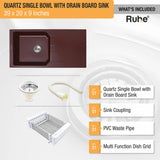 Quartz Single Bowl with Drainboard Kitchen Sink - Choco Brown (39 x 20 x 9 inches) - by Ruhe