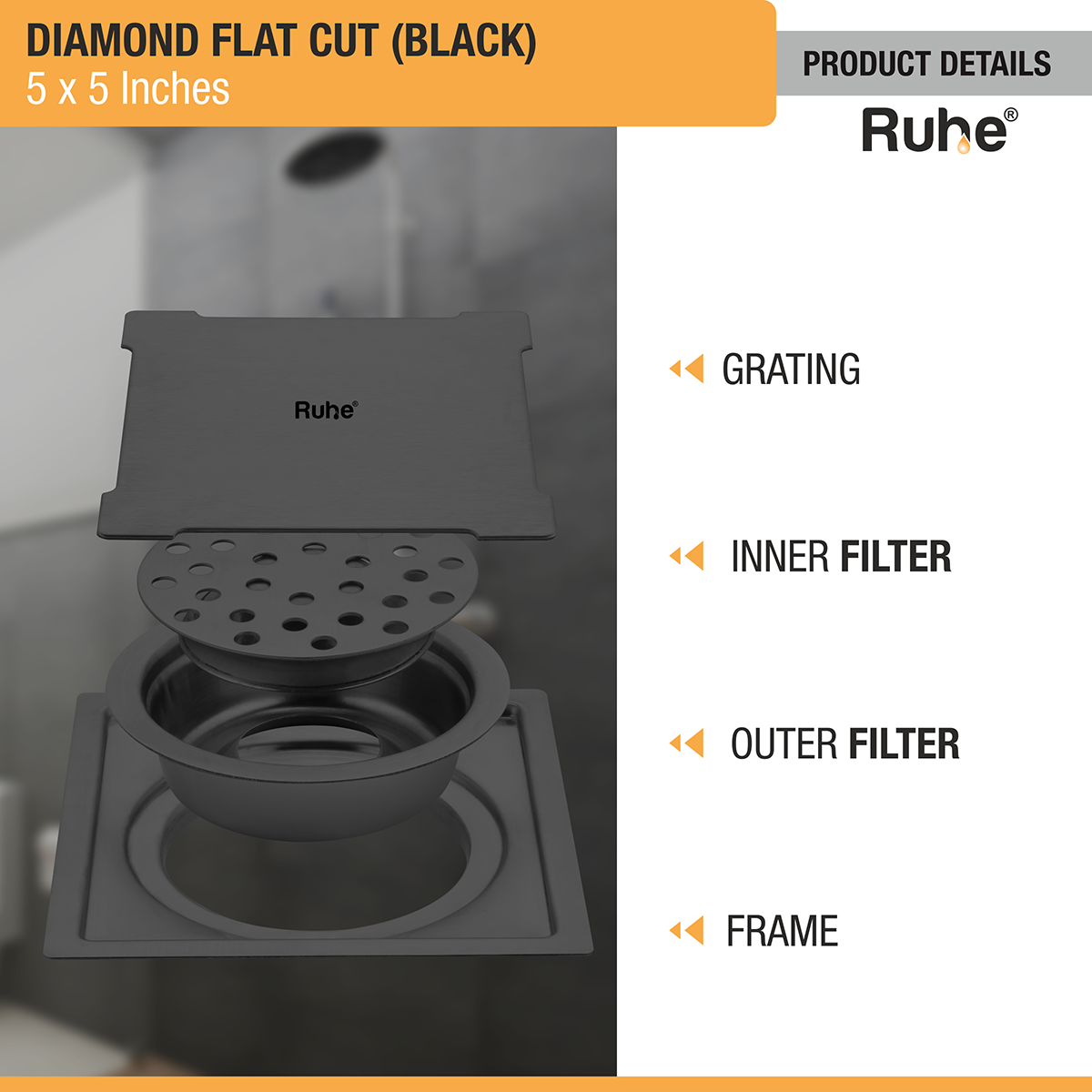 Diamond Square Flat Cut Floor Drain in Black PVD Coating (5 x 5 Inches) - by Ruhe