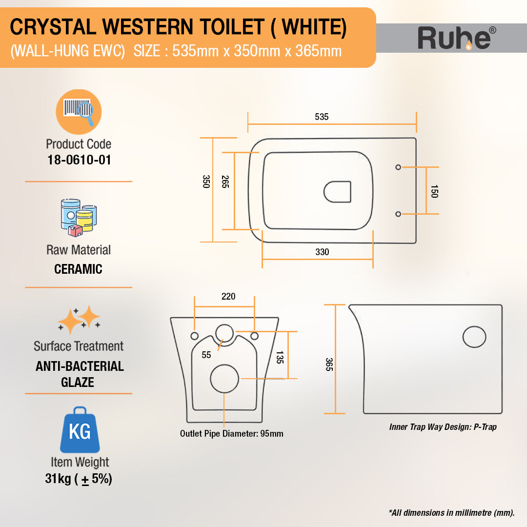 Crystal Western Toilet / Commode (Wall-hung EWC) - by Ruhe
