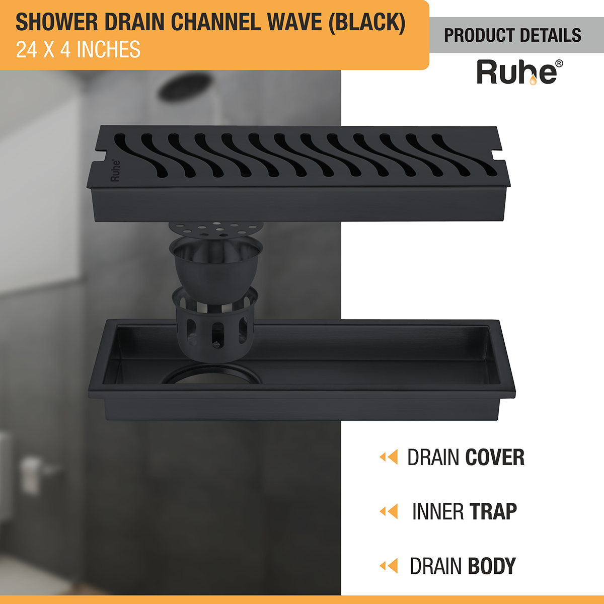 Wave Shower Drain Channel (24 x 4 Inches) Black PVD Coated with drain cover, inner insect trap, drain body