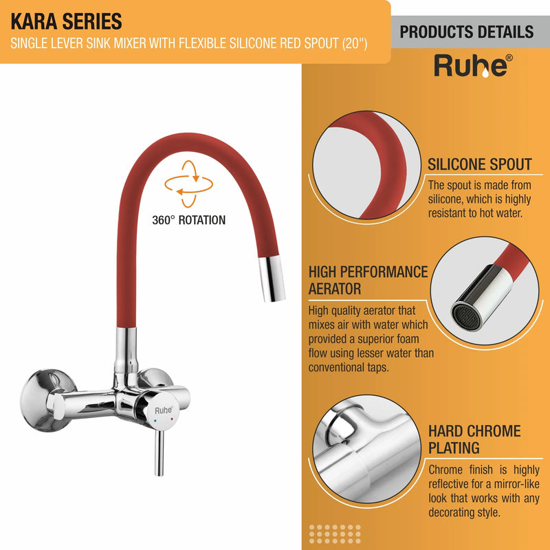 Kara Single Lever Wall-mount Kitchen Sink Mixer Tap with Coloured Silicone Spout