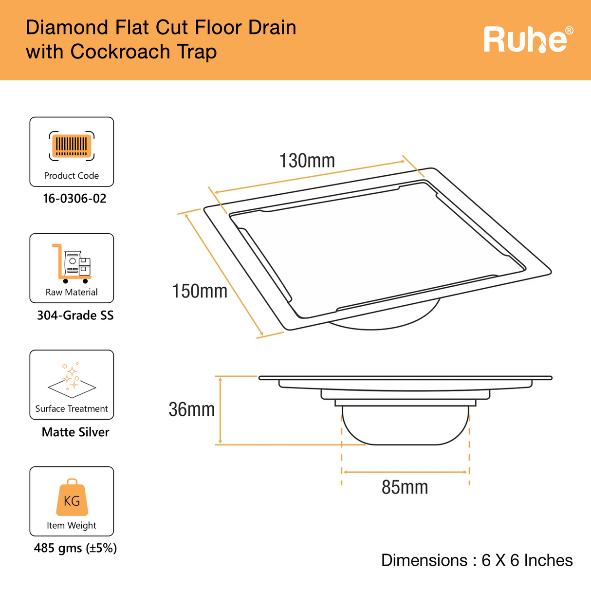 Diamond Square Flat Cut Floor Drain