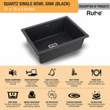 Quartz Black Single Bowl Kitchen Sink (21 x 18 x 9 inches) features and benefits