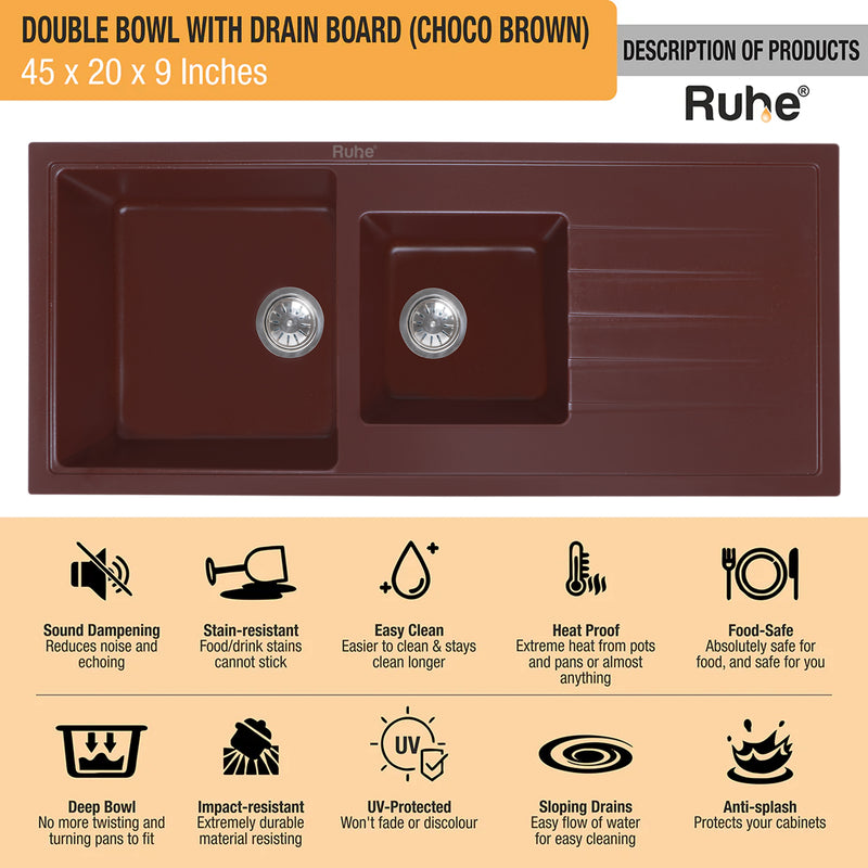 Quartz Double Bowl with Drainboard Kitchen Sink Choco Brown (45 x 20 x 9 inches)