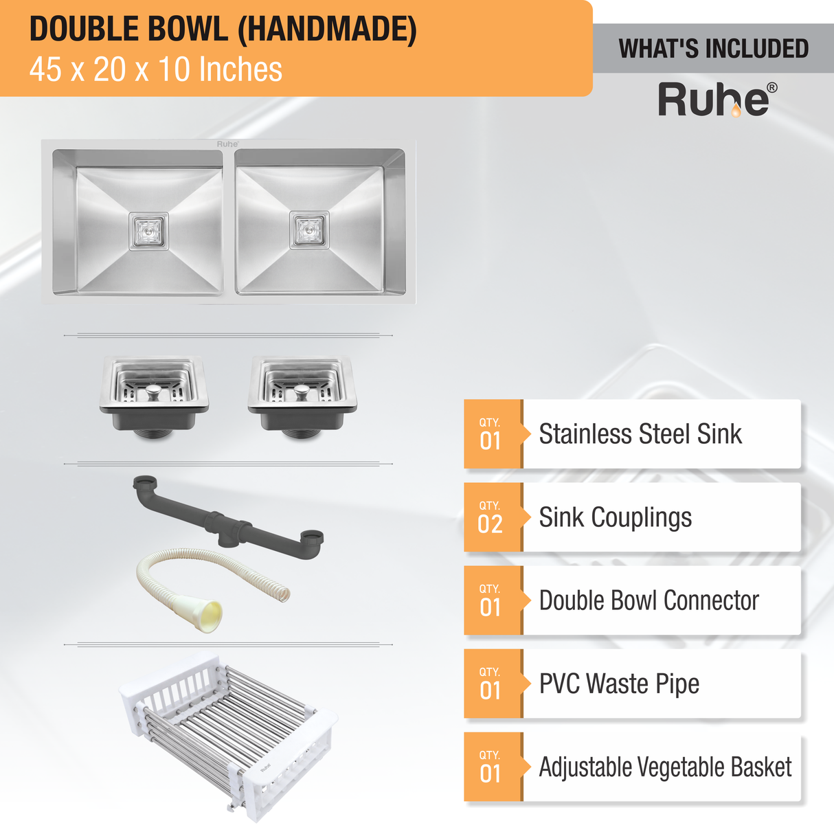 Handmade Double Bowl Kitchen Sink (45 x 20 x 10 Inches) - by Ruhe