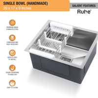Handmade Single Bowl Kitchen Sink (20 x 17 x 9 Inches) (Features)
