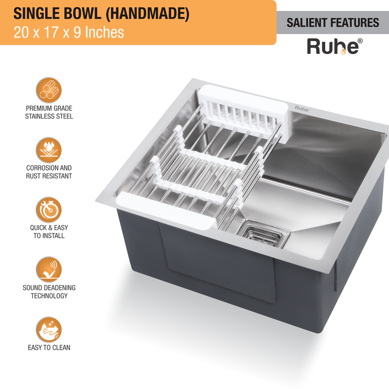 Handmade Single Bowl Kitchen Sink (20 x 17 x 9 Inches)