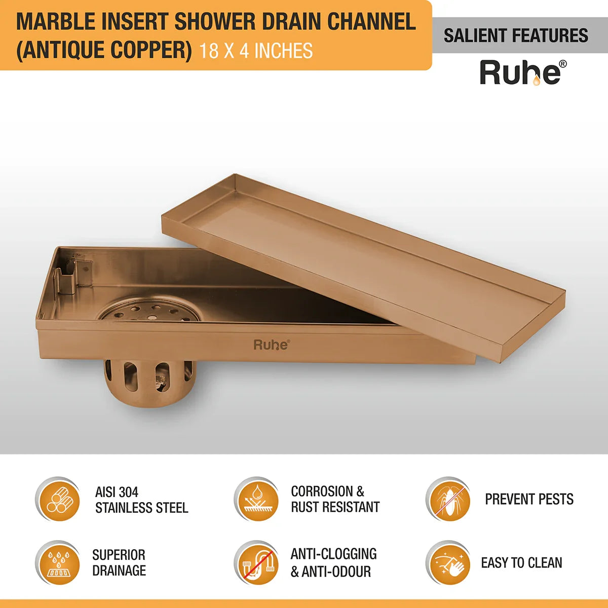 Marble-Insert Shower Drain Channel (4 Inches)