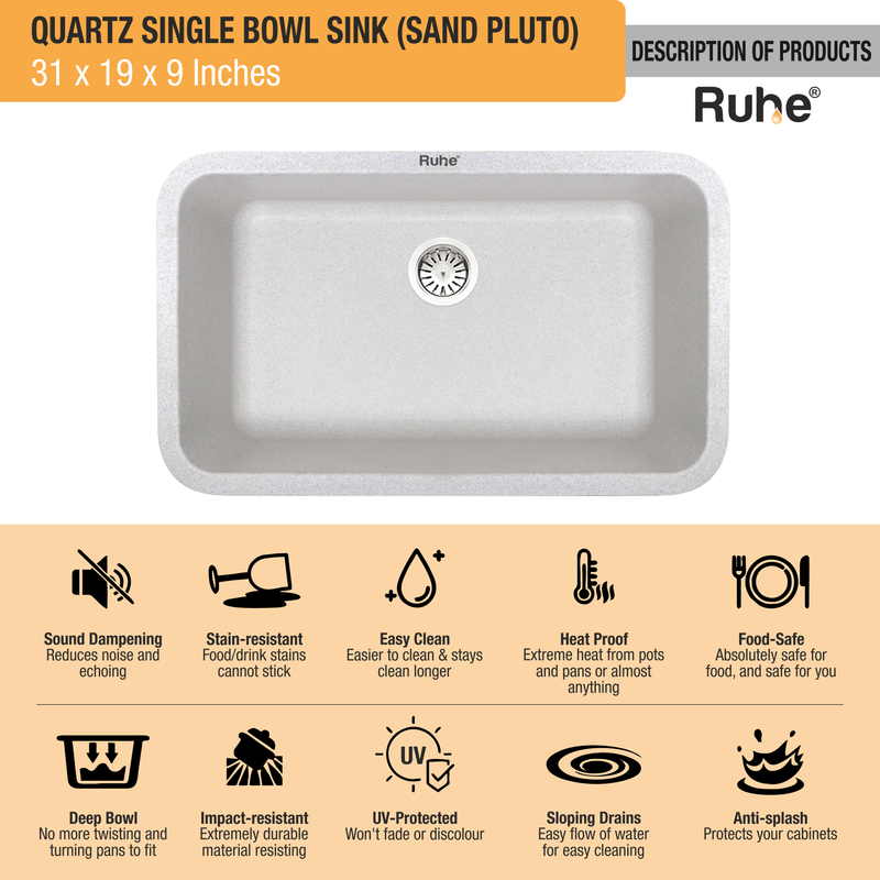 Quartz Single Bowl Sand Pluto Kitchen Sink (31 x 19 x 9 Inches)