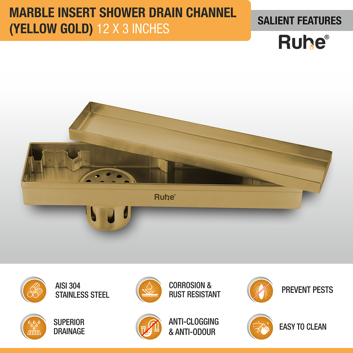 Marble Insert Shower Drain Channel (12 x 3 Inches) YELLOW GOLD PVD Coated features and benefits