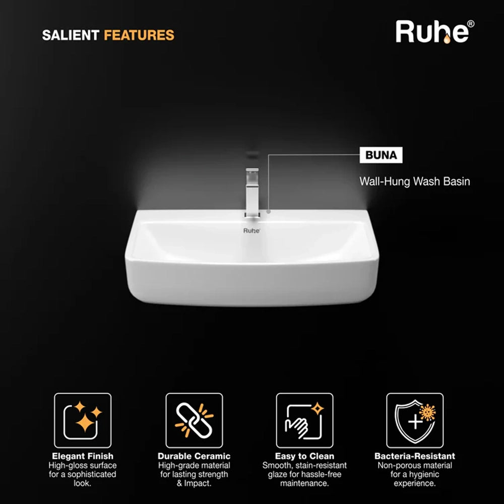 Buna Rectangular Wall-Hung Wash Basin (18 x 14.5 x 6 Inches)