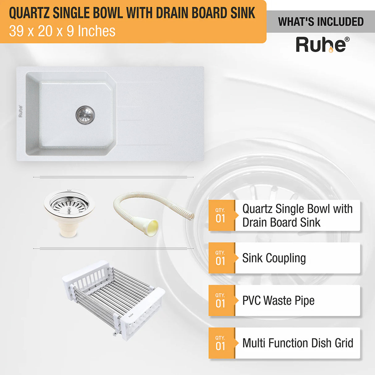 Quartz Single Bowl with Drainboard Kitchen Sink - Sand Pluto (39 x 20 x 9 inches) - by Ruhe®