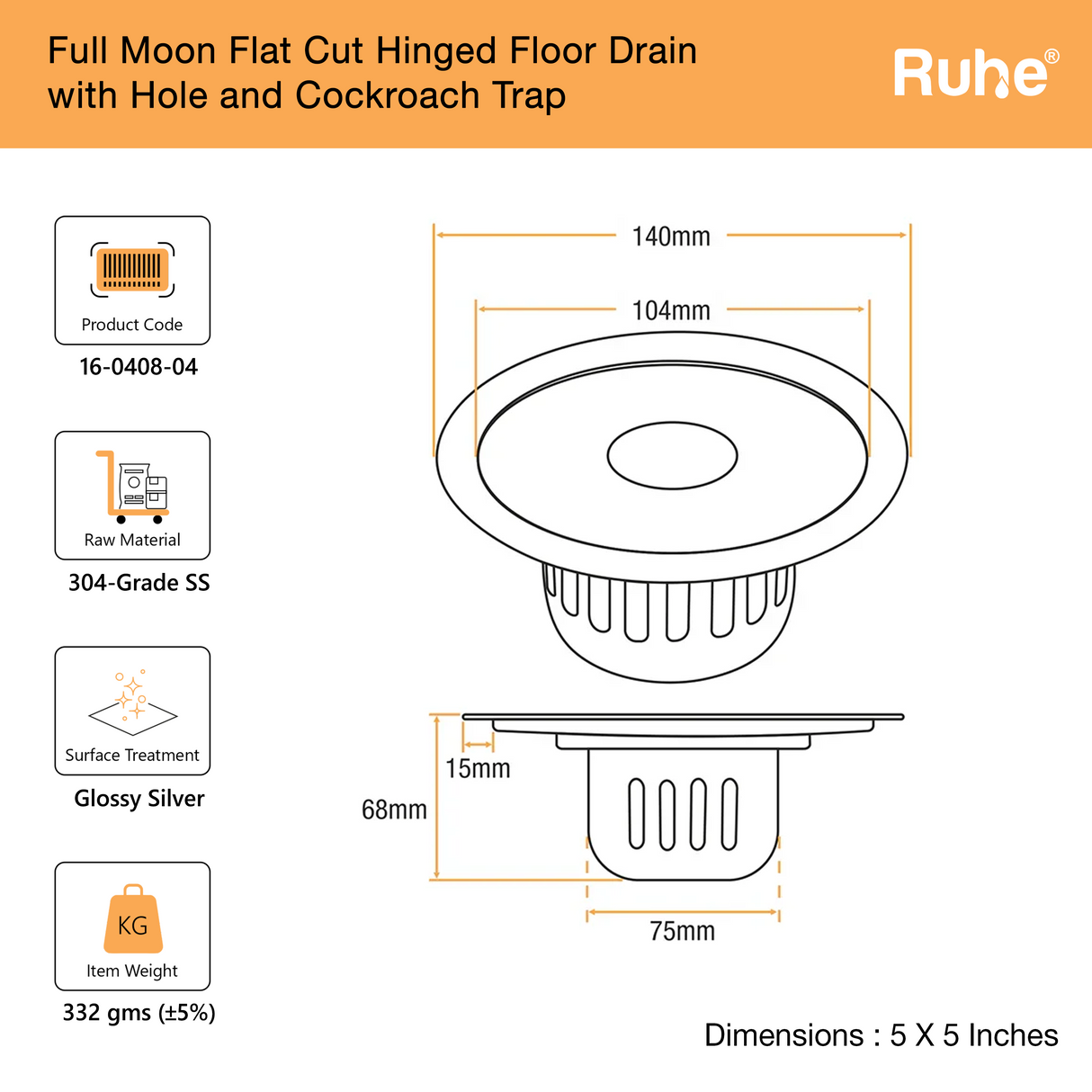Round Full Moon Floor Drain with Cockroach Trap (5 Inches)
