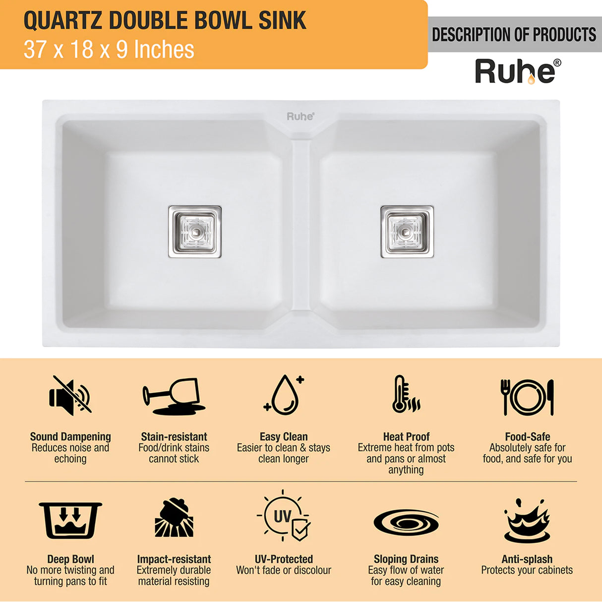 Quartz Double Bowl Kitchen Sink - Crystal White (37 x 18 x 9 inches) - by Ruhe®