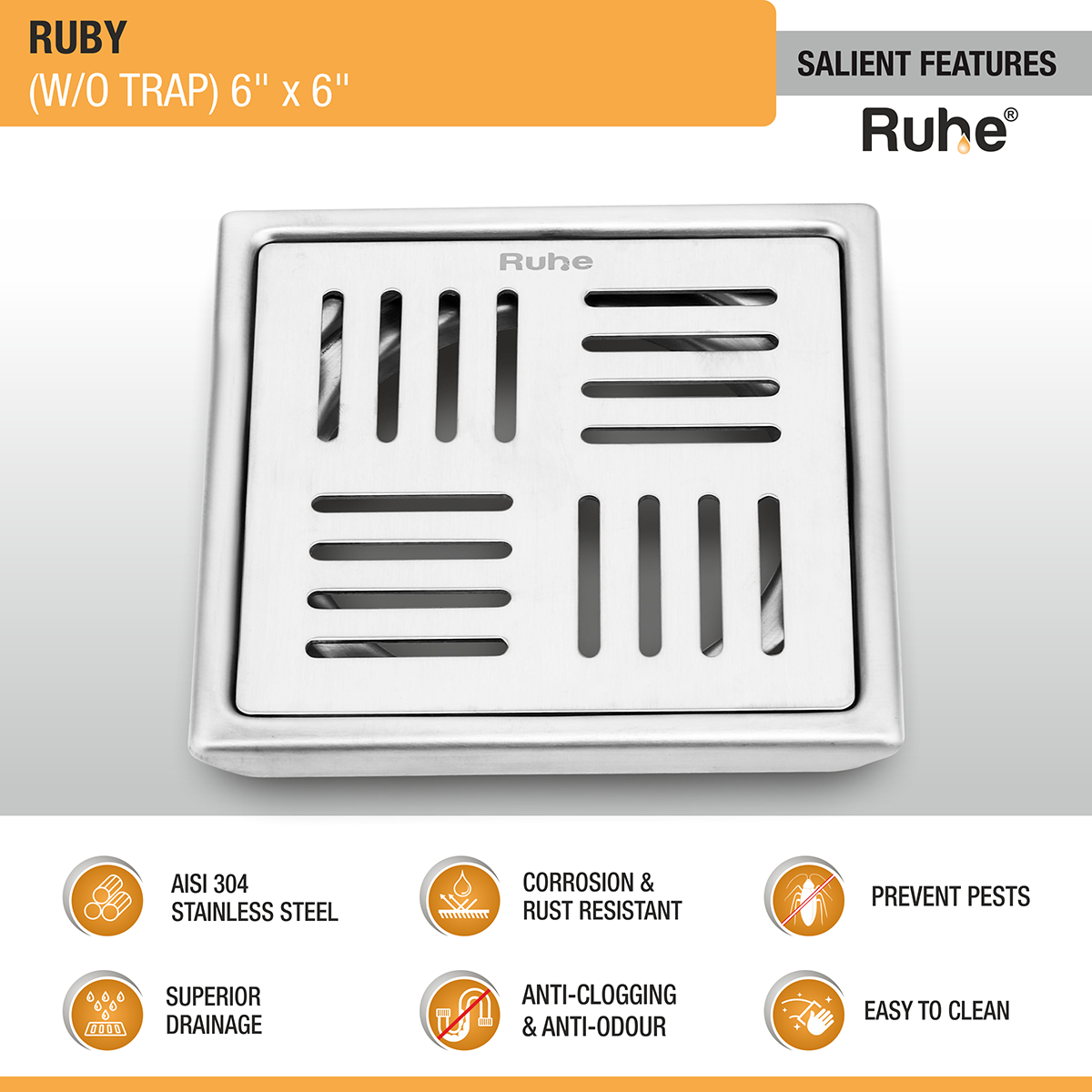 Ruby Square 304 Grade Floor Drain (6 x 6 Inches) - by Ruhe