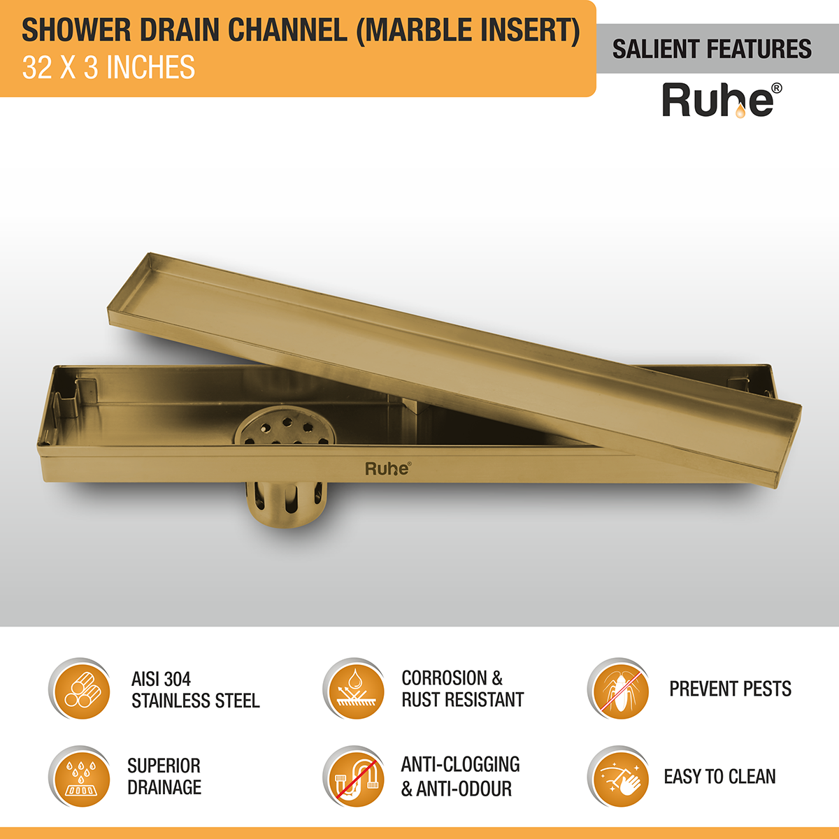 Marble Insert Shower Drain Channel (32 x 3 Inches) YELLOW GOLD PVD Coated - by Ruhe®